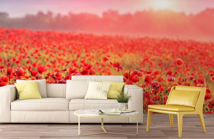 red poppy field feature wall in yellow themed living room