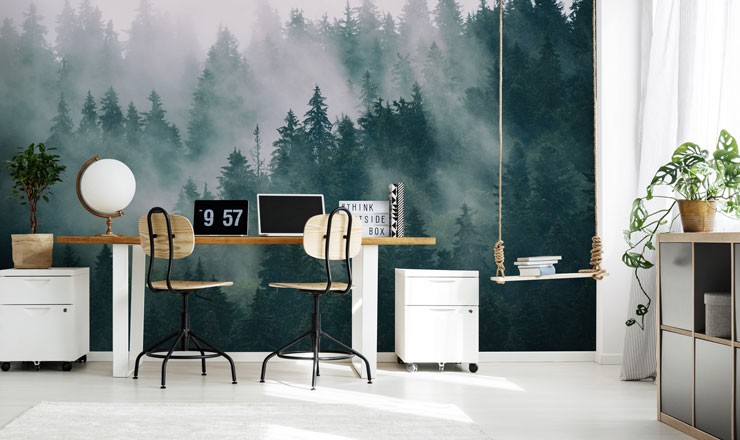misty dark green forest in trendy home office