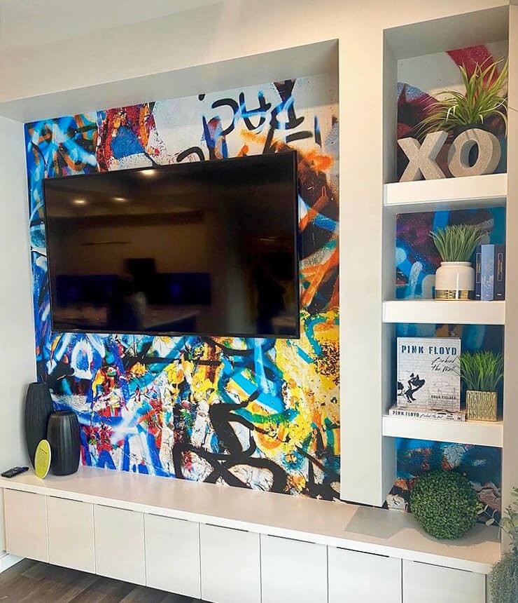 colourful graffiti wallpaper on media wall
