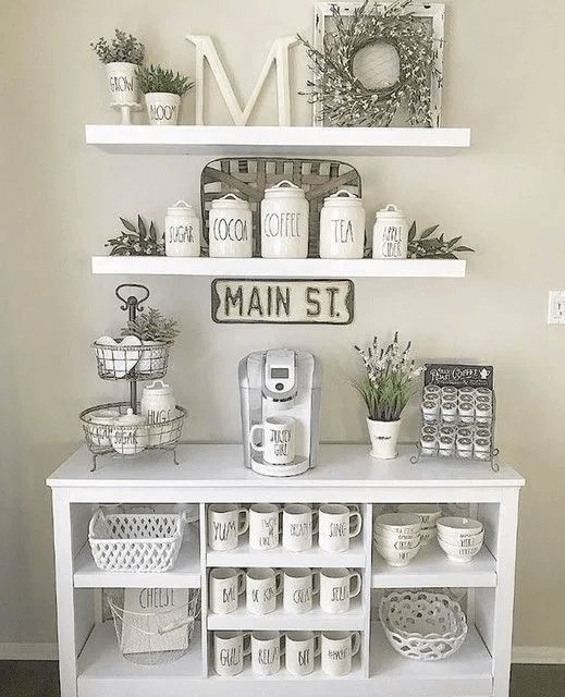 white farmhouse style shelves and accessoriescoffee station