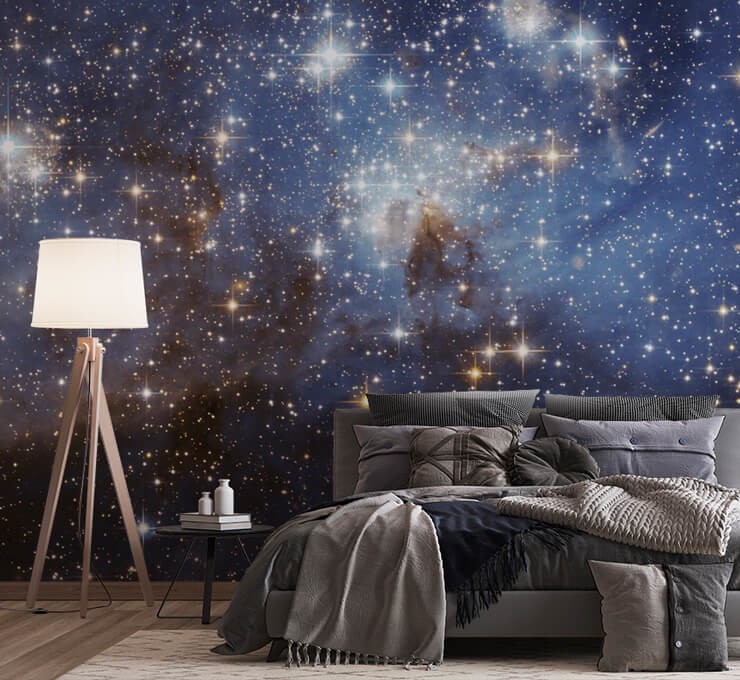 blue toned starry sky wallpaper in dark grey bedroom