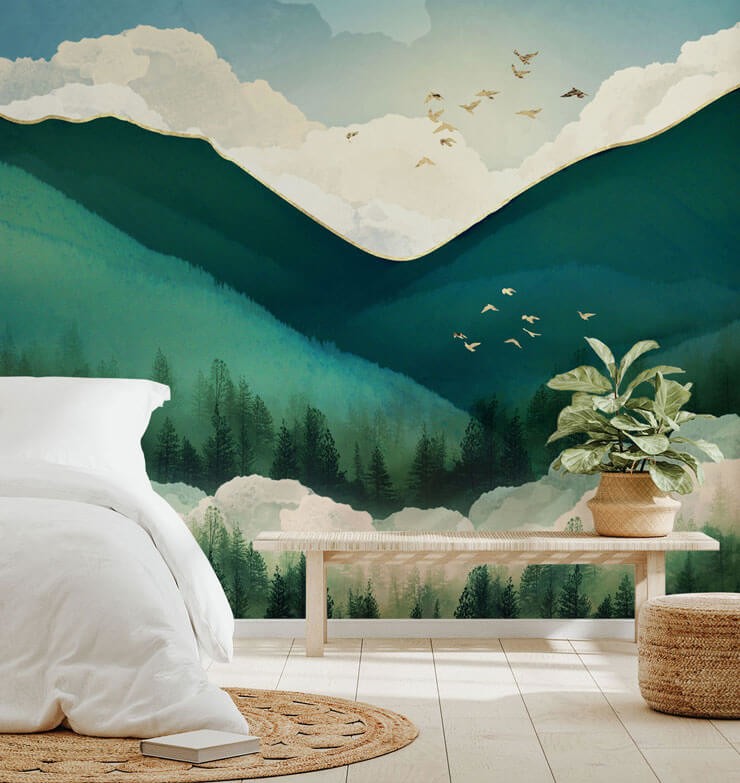 colour therapy green mountain wallpaper with white bed