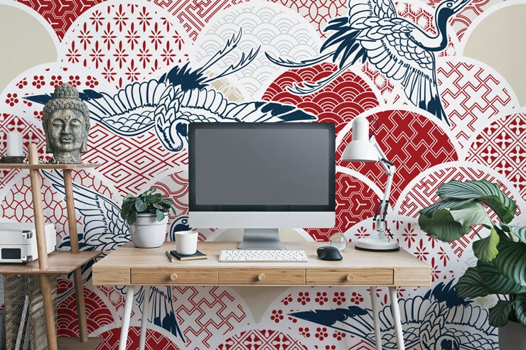 red white and blue bird wallpaper in trendy home office