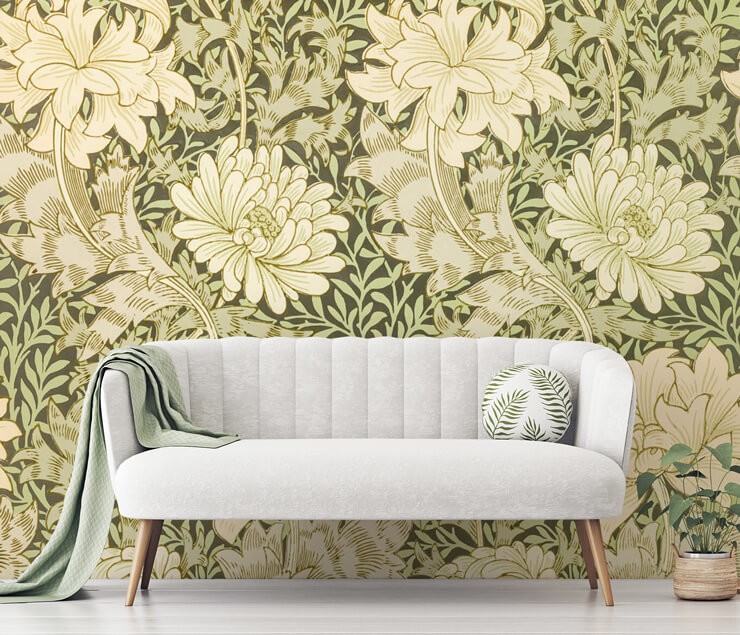 interior design trends 2022 green vintage floral wallpaper in grey and green lounge