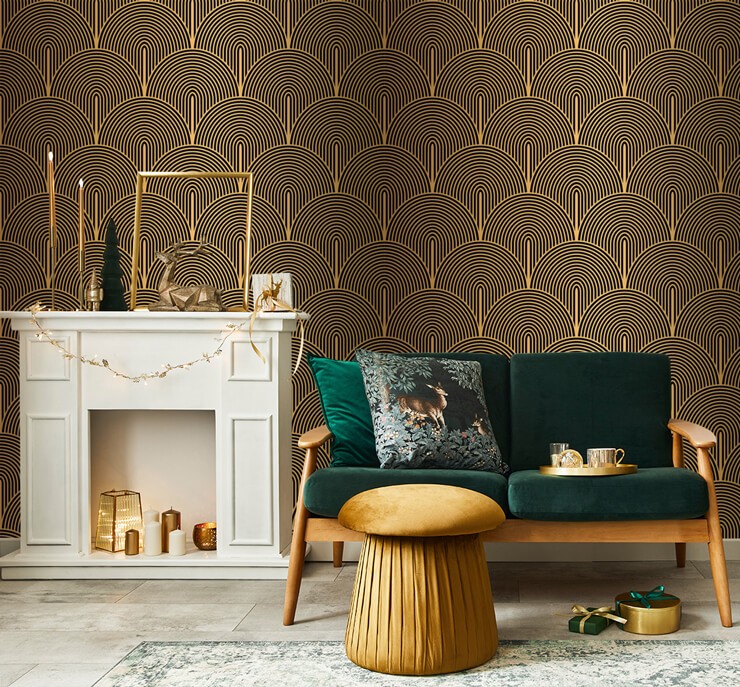 gold and black toned scale wallpaper in vintage gold christmas room