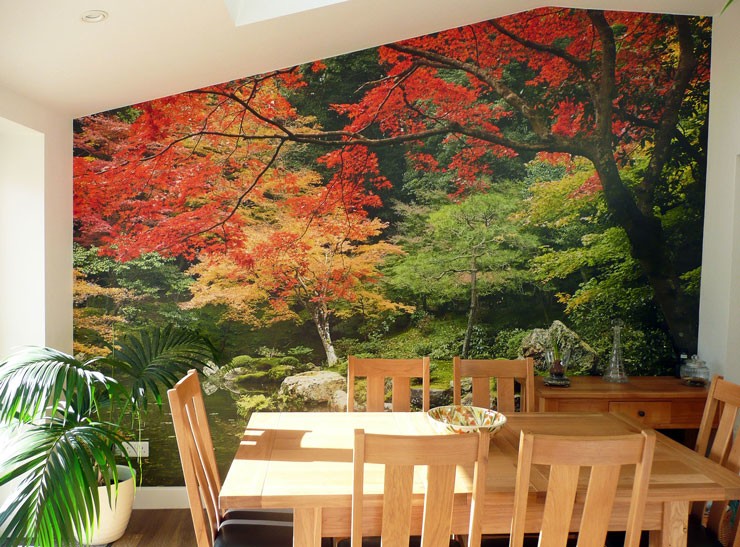 autumn trees in Japanese garden wall mural in wooden dining room