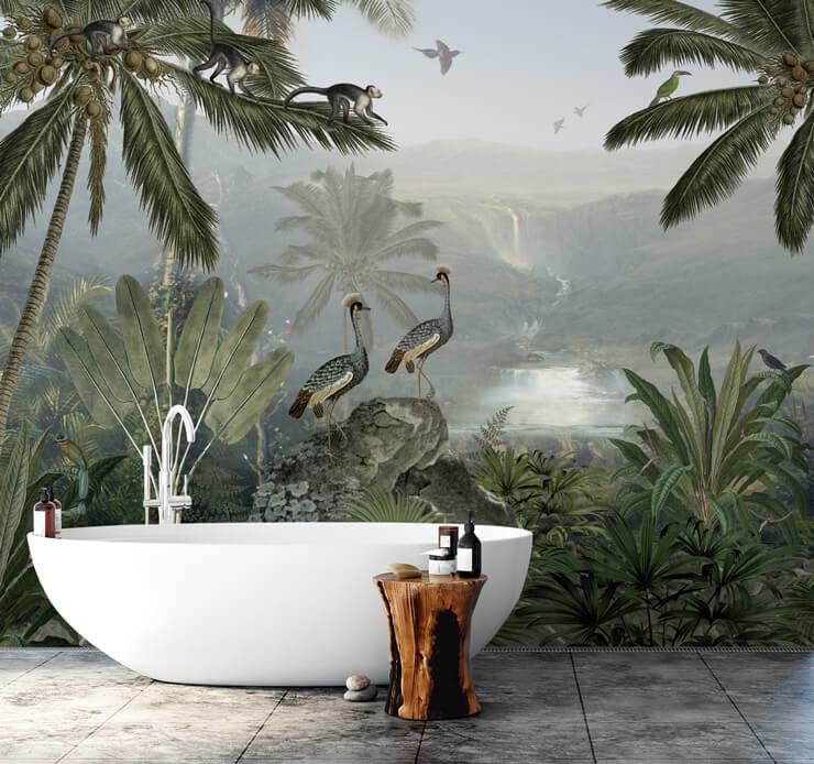 sage green jungle wallpaper in rustic bathroom