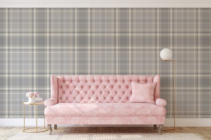 grey tartan mural with pink couch