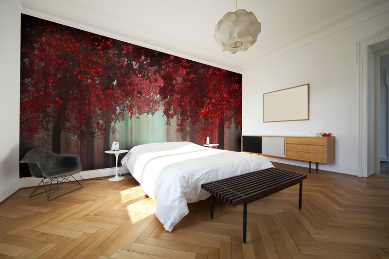 red tree digital forest wallpaper in large bedroom