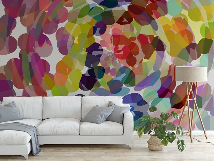 colourful circle art wallpaper in white and grey lounge
