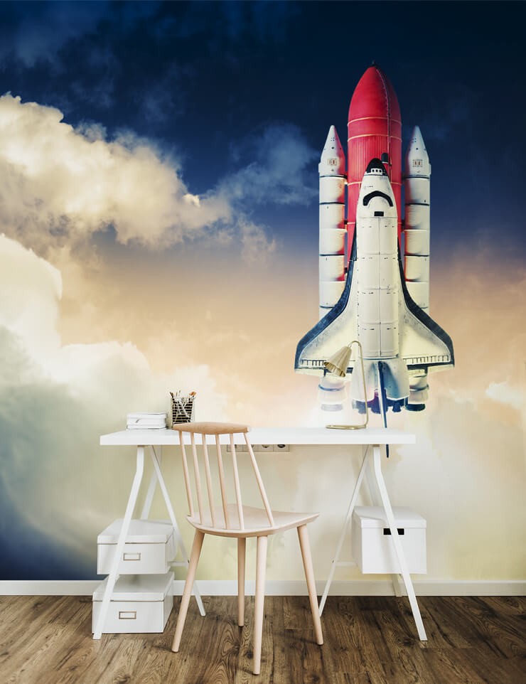 rocket launching wallpaper in simple home office