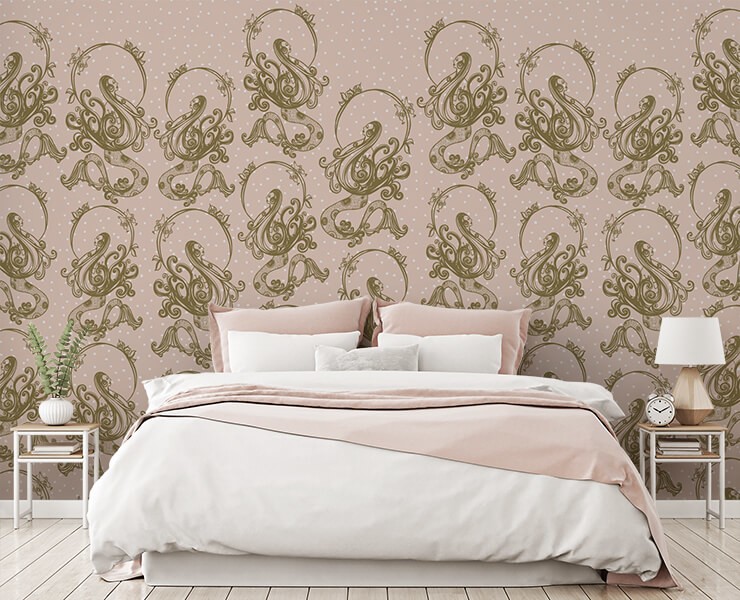 pastel pink vintage mermaid wallpaper in pink and white bedroom