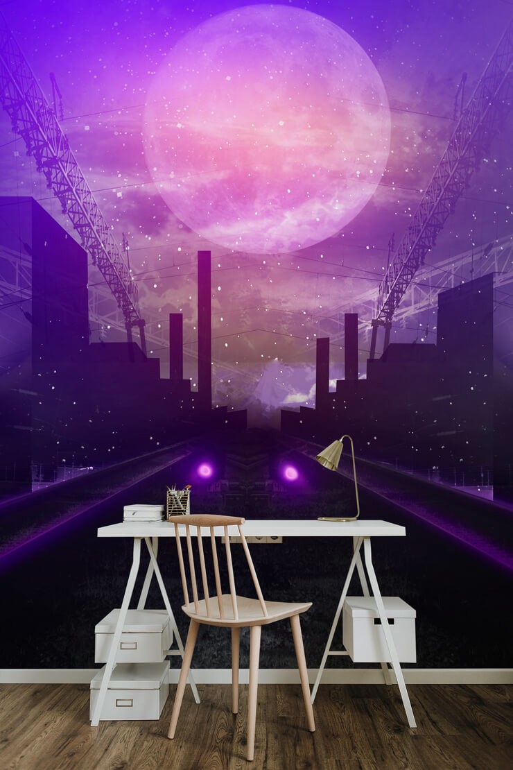 purple sci fi road and moon wallpaper with white desk and wooden chair