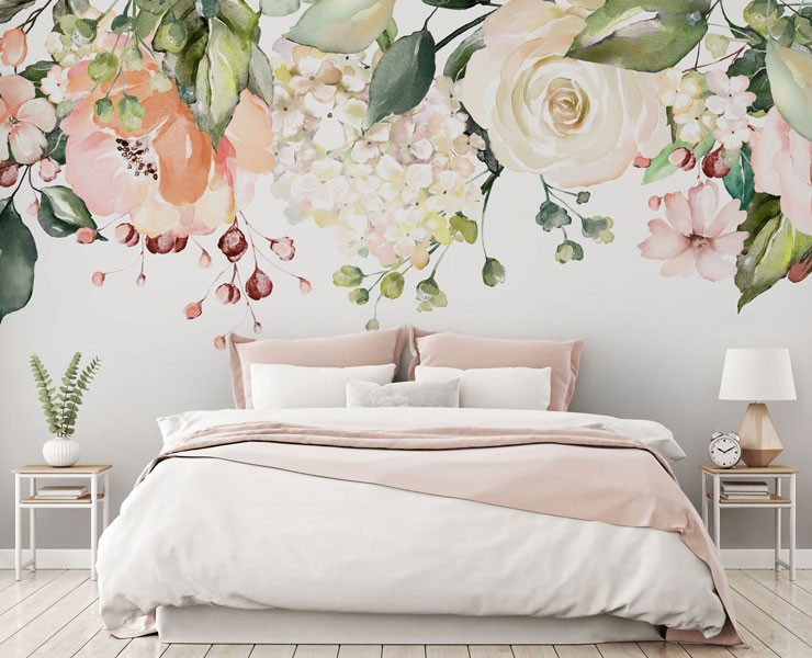pretty flowers hanging from ceiling on white background wallpaper in pink and white bedroom