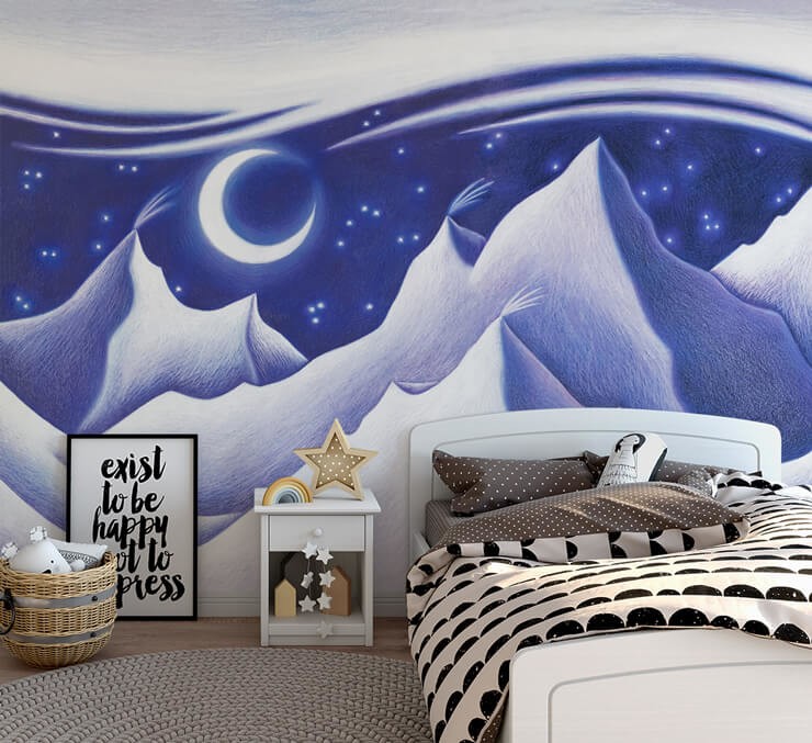 dark blue night sky and moon wallpaper in black and white kids bedroom