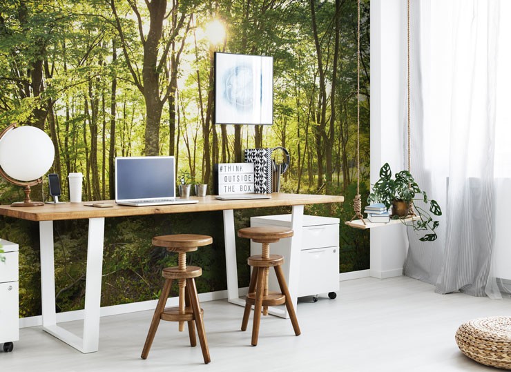 green forest wall mural in trendy home office
