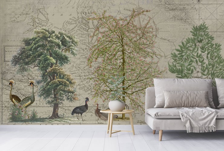 Nordic vintage bird wallpaper in neutral living room