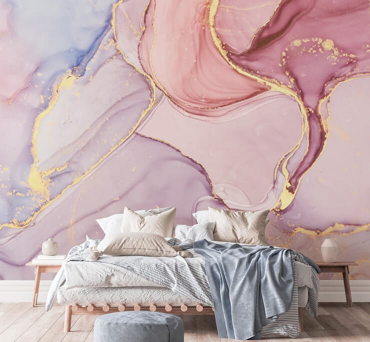 pink, purple and gold watercolor wallpaper in simple bedroom