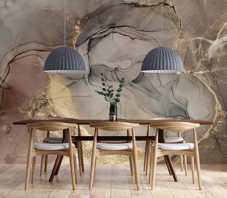 Dining room inspiration with a wooden table and grey chairs with a brown and gold marble effect wallpaper