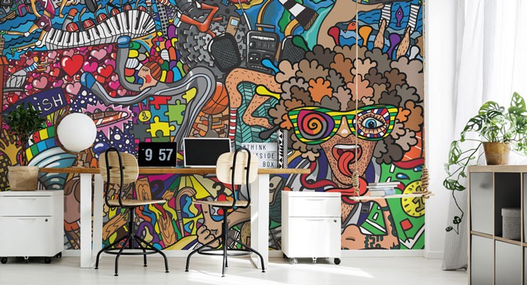cool cartoon graffiti in trendy home office