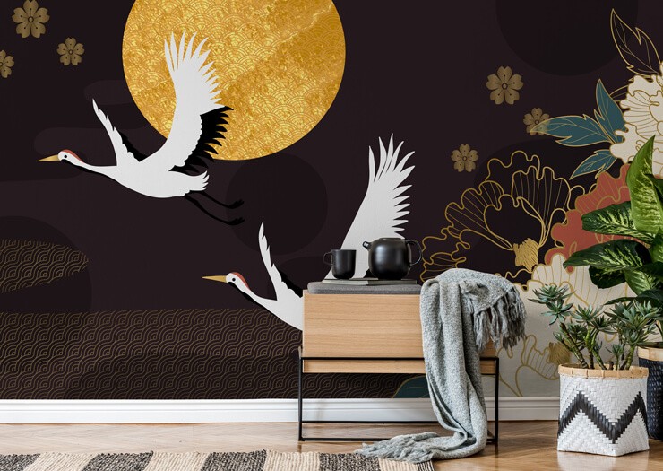 Dark oriental wall mural in living room