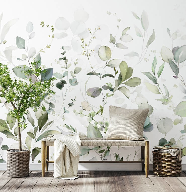 green floral wall mural on bright hallway