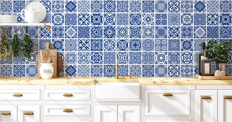 blue and white tile wallpaper in kitchen