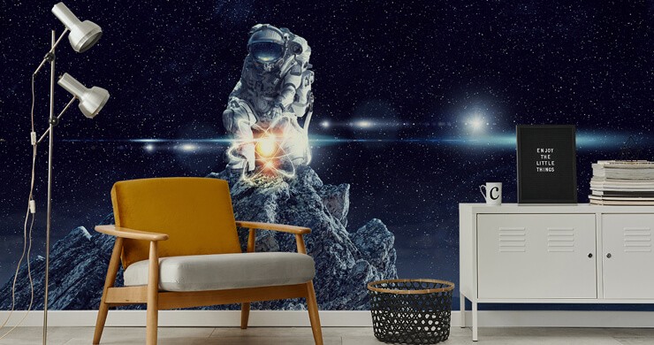astronaut on planet wallpaper in living area