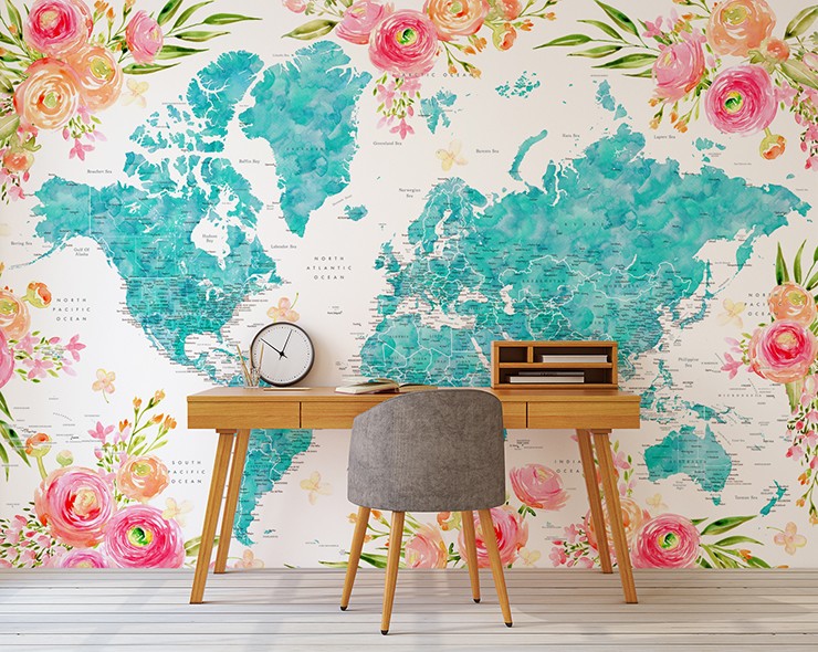 turquoise blue map framed with pink illustrated flowers in sleek home office