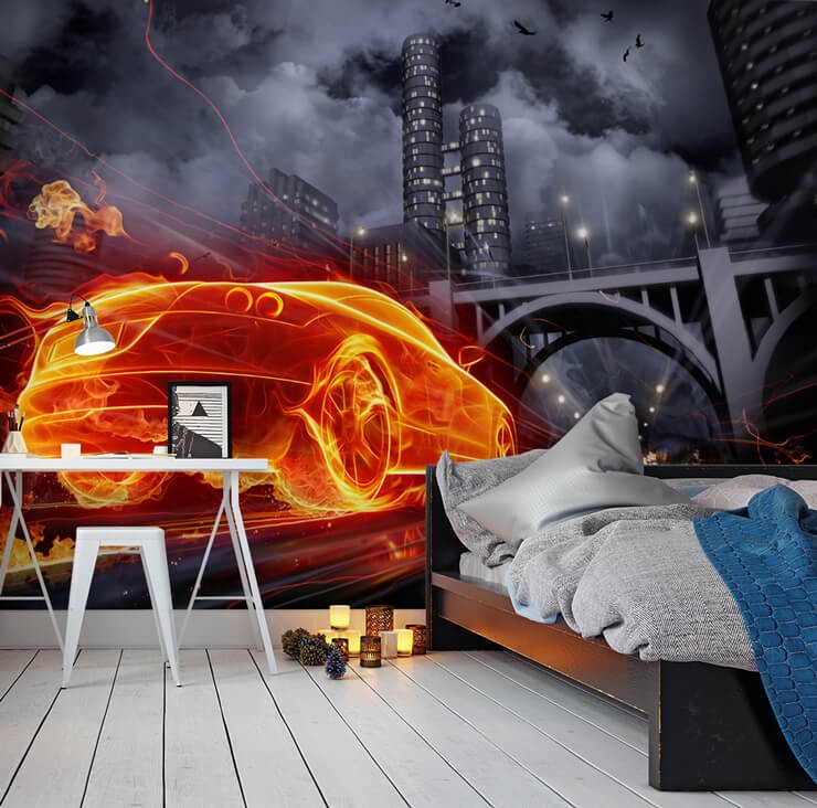 orange fire car in room with bed and desk area