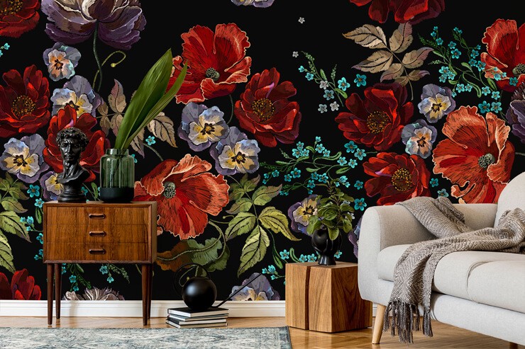 red poppies peel and stick wallpaper in cool lounge