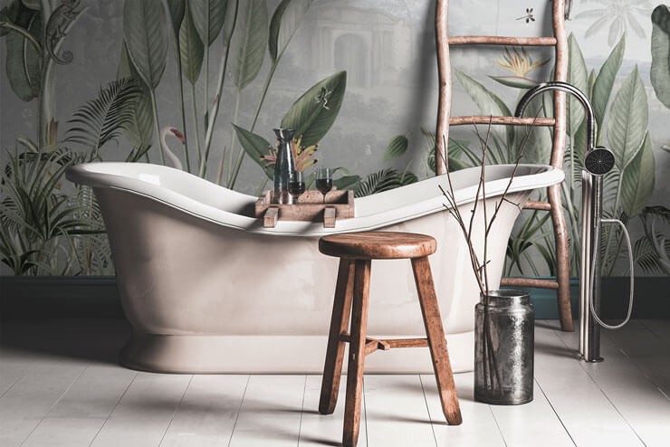 sage green vintage jungle wallpaper in boho bathroom