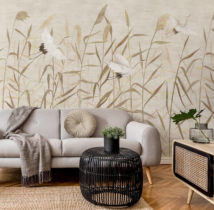 neutral living room with reed and crane wall art wallpaper