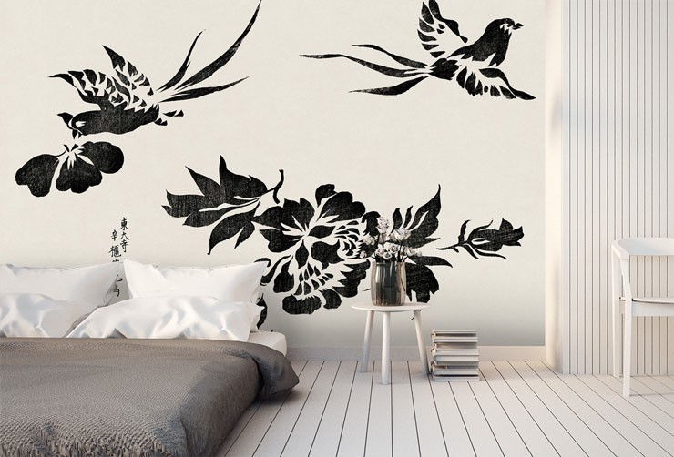 black and white printed large pheasants wallpaper in minimalist bedroom