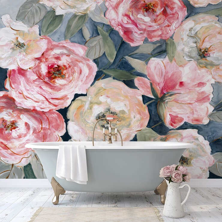 pink roses painted wallpaper in grey and gold bathroom