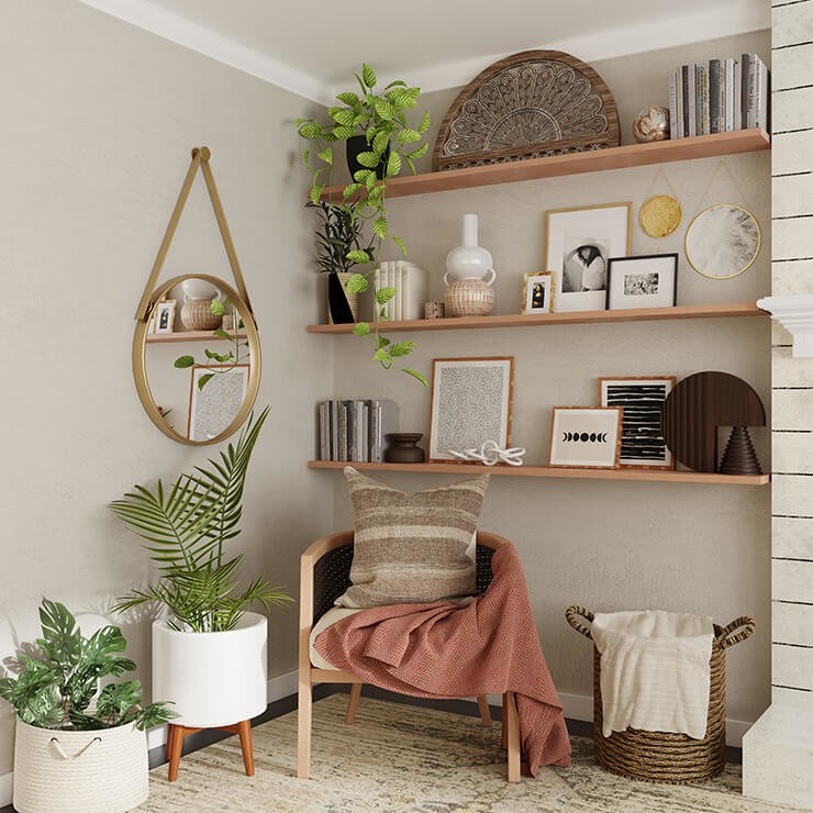 Wall shelf display in neutral living room decorating update