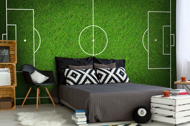 soccer pitch feature wall in teenager's bedroom