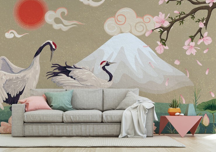 crane and mount fuji wallpaper in pastel pink and green lounge