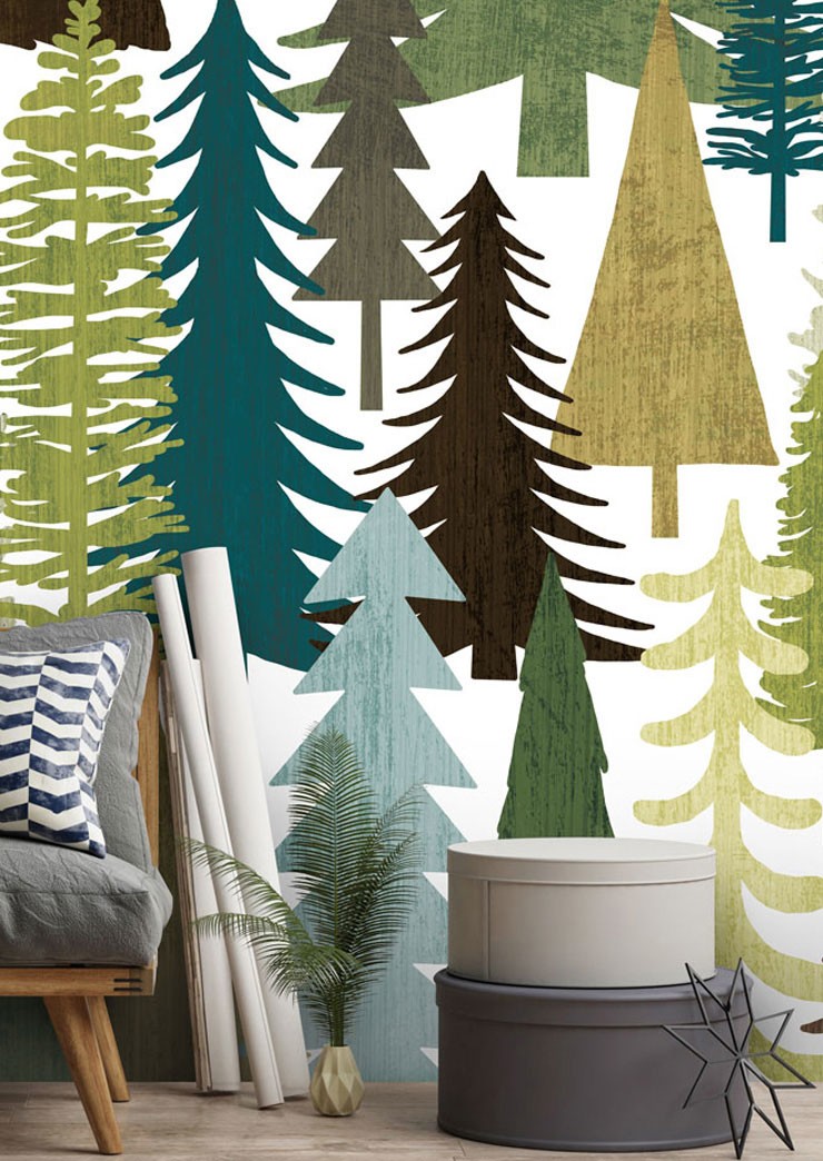 abstract green tree wallpaper in corner of guests this christmas bedroom