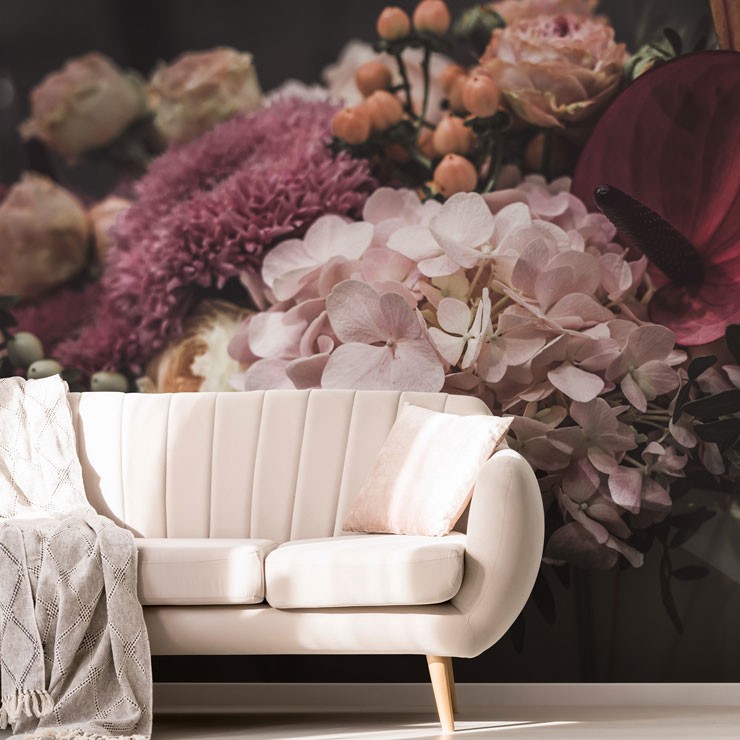 pastel pink and purple flowers wallpaper in trendy lounge