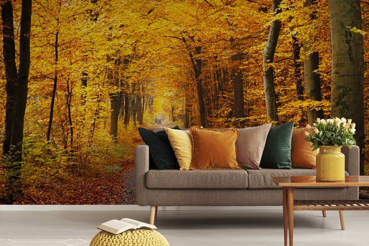 yellow and orange autumn woodland wallpaper in living room