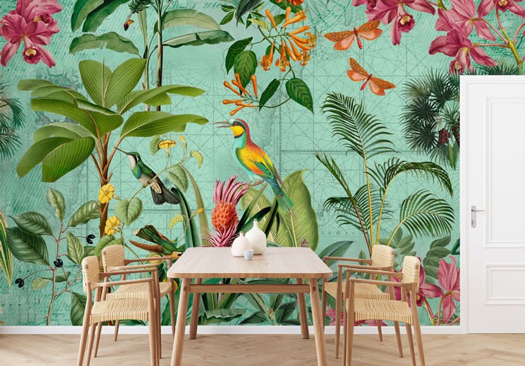 blue/green and pink jungle wallpaper in stylish dining area
