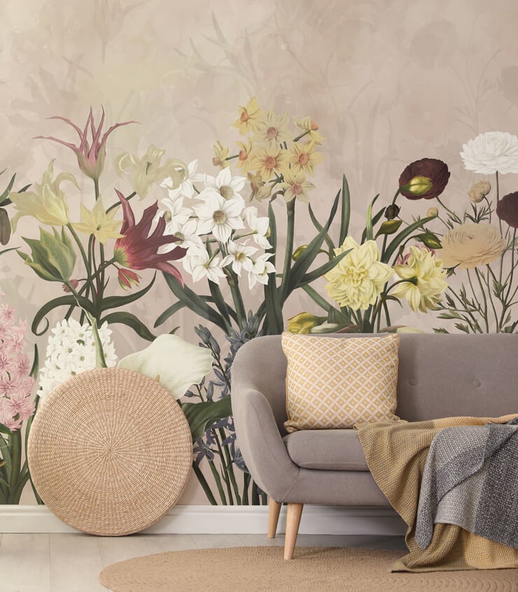 neutral backed floral wallpaper in living room