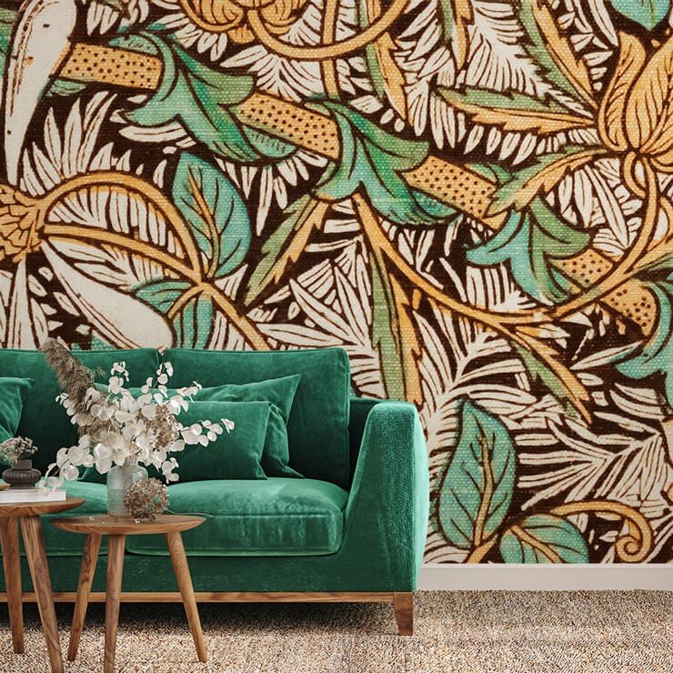 stained glass style william morris wallpaper with green and yellow tones