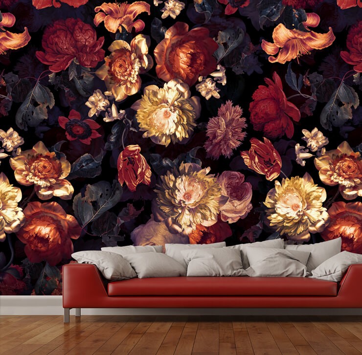 orange and red vintage floral wallpaper with red leather couch