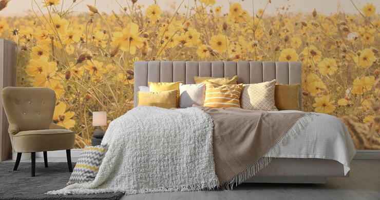 yellow field of flowers wallpaper in bedroom