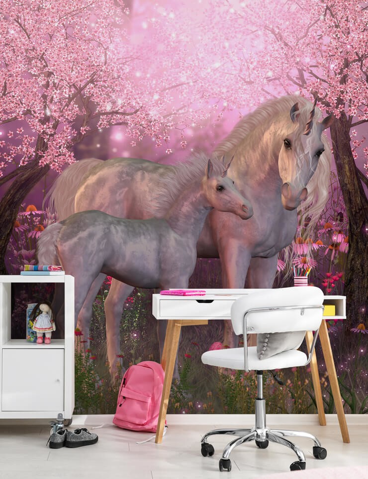 pink unicorn mural in girls bedroom