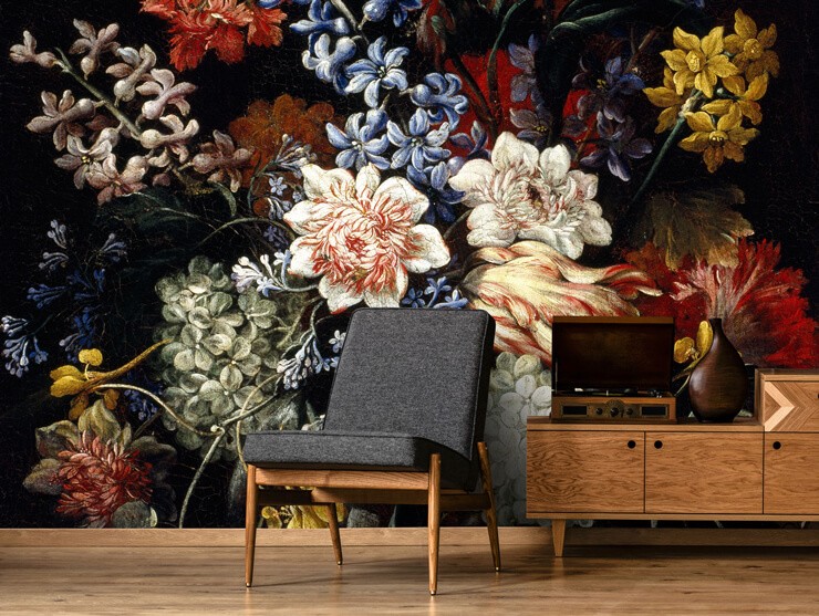antique dark floral painting wallpaper in trendy lounge with wooden decor