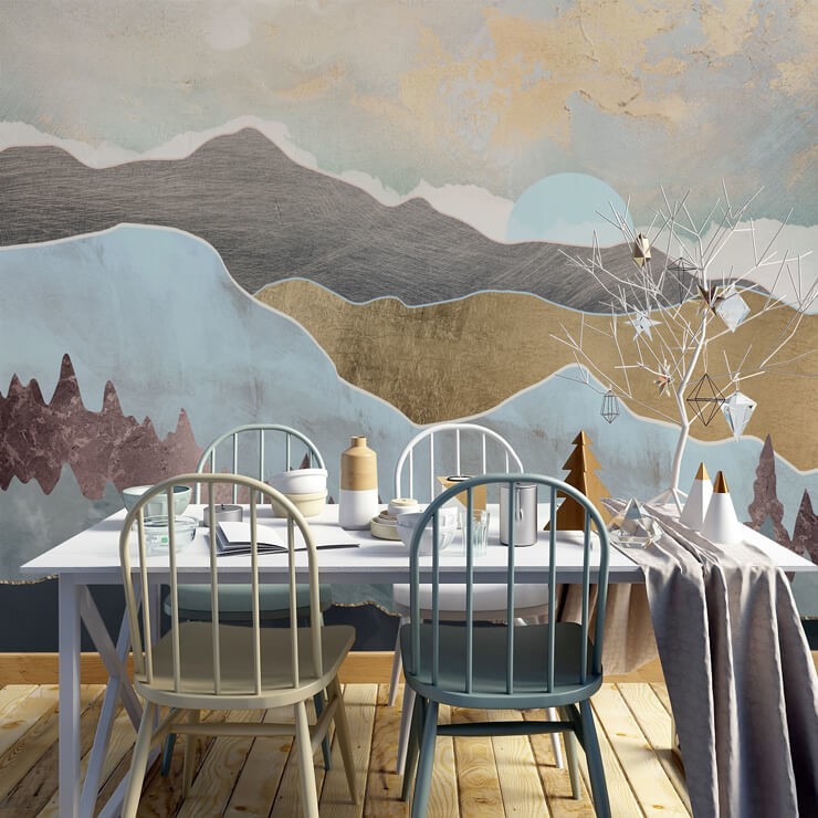 gold, white and blue toned abstract landscape wallpaper in scandi christmas dining room