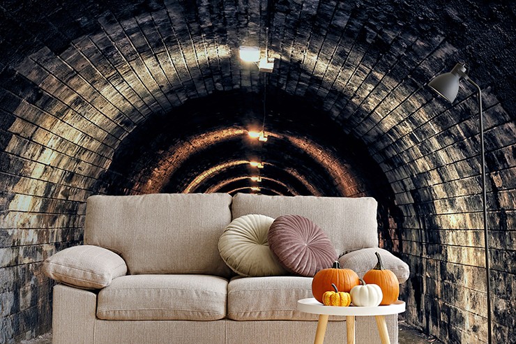 spooky tunnel wallpaper in halloween lounge